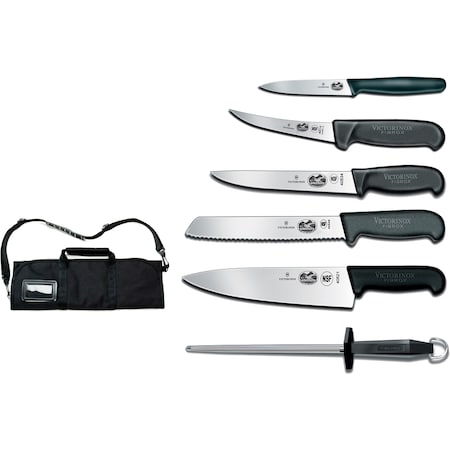 Swiss Army Brands Victorinox 46149 Kitchen Black Culinary Set, 7-Piece Fibrox Pro Culinary Set With Canvas Roll VIC-7.4012-X10